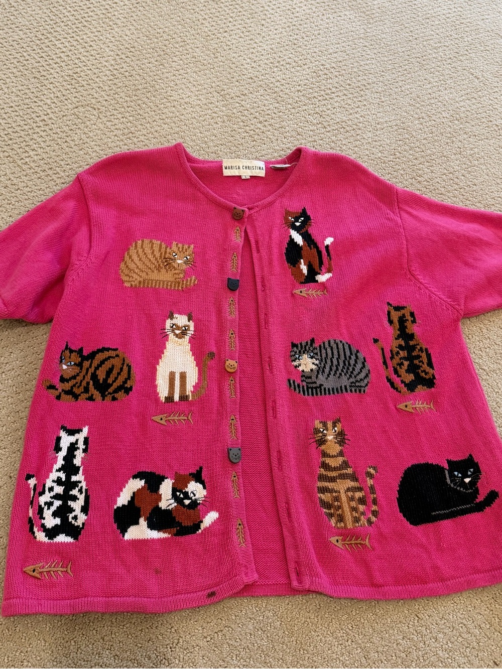Marisa Christina Bright Pink Cat Pattern Button-Front Cardigan